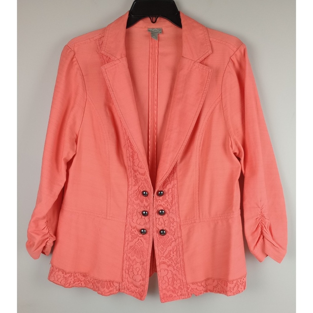 Vanity Womens XL Peach Lace Trim Ruched 3/4 Sleeve Hook & Eye Career Jacket